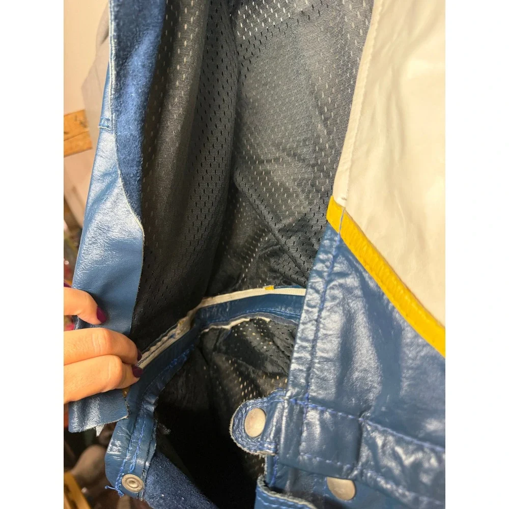 Vintage Leather Motorcycle Racing Suit Blue White Yellow handmade Jumpsuit